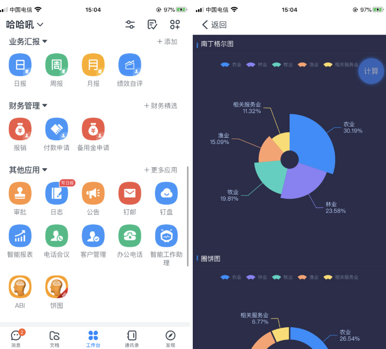 億信ABI在釘釘上的集成效果 億信ABI在釘釘上的集成效果